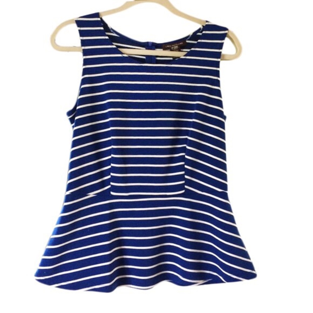 Linda Matthews Blue White Striped Peplum Top Sleeveless Fit Flare Blouse NWT